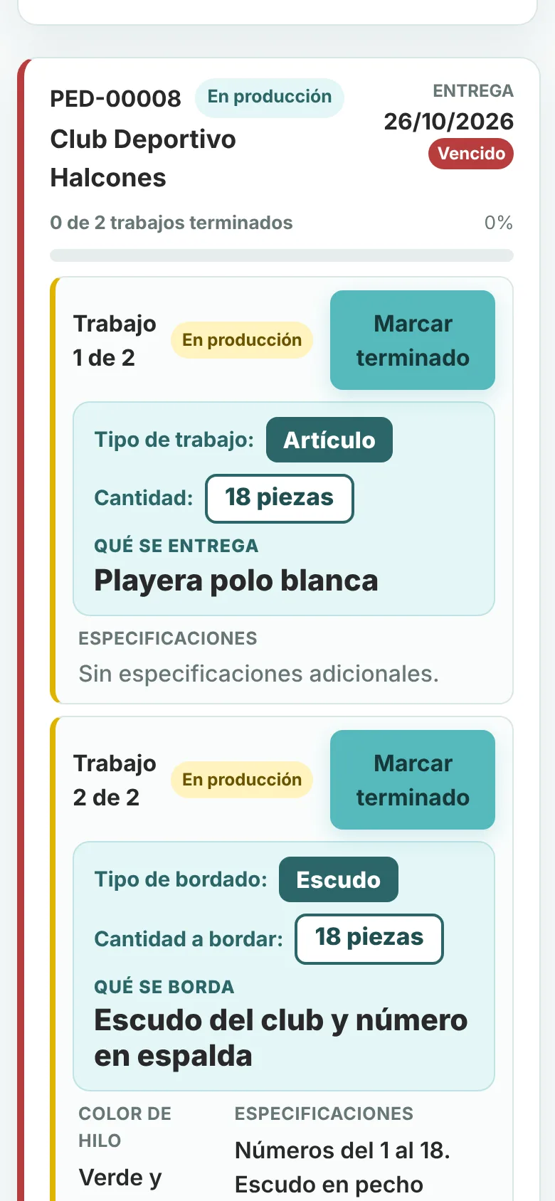 BordaControl en un celular: trabajo en producción con tipo de bordado, cantidad, colores de hilo y botón para marcarlo terminado.